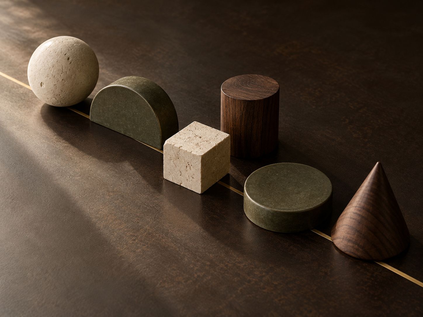 Conceptual still life of limestone, olive ceramic and walnut forms arranged along a brass line.