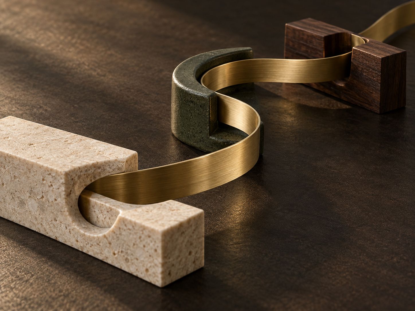 Conceptual still life of a continuous brass ribbon passing through limestone, olive ceramic and walnut guides.